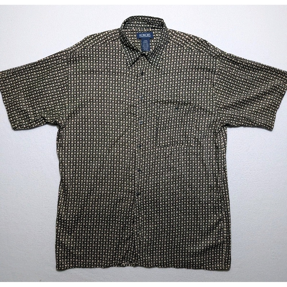 Vintage Honors Geometric Print Rayon Shirt‎ Mens L Oversized 90s Black Tan